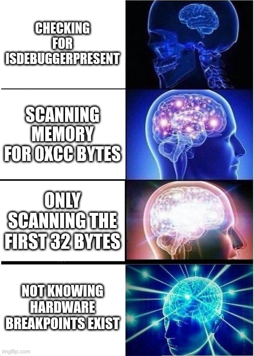 Expanding brain : de IsDebuggerPresent a ignorer l&rsquo;existence des breakpoints materiels