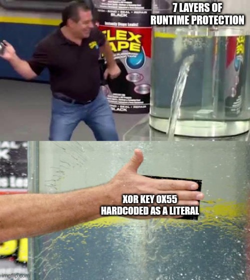 Flex Tape: 7 layers of runtime protection patched by XOR key 0x55 hardcoded as a literal